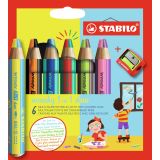 STABILO woody 3'ü 1 Arada Duo - Duo Boyama Kalemi, Suluboya ve Mum Boya - İki Tonlu Kurşun - Kalemtıraşlı 6'lı Paket - 6 Kalem ve 12 Farklı Renk