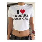 Stadium Kadın Beyaz Dar Crop T-shirt - I Love to Make Boys Cry Baskılı %100 Pamuk Bisiklet Yaka Crop Tişört