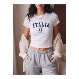 Stadium Kadın Beyaz Dar Crop T-shirt - Italia Roma Baskılı %100 Pamuk Bisiklet Yaka Slim Fit Crop Tişört