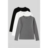 Standart Fit Basic O Yaka 3lü Paket Siyah-Beyaz-Gri Melanj Kadın T-Shirt - 97312