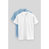 Standart Fit Basic Polo Yaka 2li Paket Beyaz-Buz Mavi Erkek T-Shirt - 87768 - Beyaz - Buz Mavi