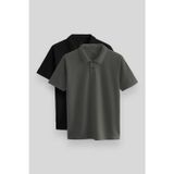 Standart Fit Basic Polo Yaka 2li Paket Siyah-Çağla Erkek T-Shirt - 87748