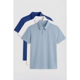 Standart Fit Basic Polo Yaka 3lü Paket Ekru-Buz Mavi-Parlament Erkek T-Shirt - 87768