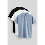 Standart Fit Basic Polo Yaka 3lü Paket Siyah-Beyaz-Buz Mavi Erkek T-Shirt 87748