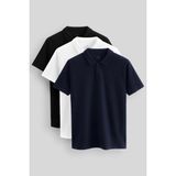 Standart Fit Basic Polo Yaka 3lü Paket Siyah-Beyaz-Lacivert Erkek T-Shirt 87748 - 2XL - Siyah - Beyaz - Lacivert