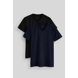 Standart Fit Basic V Yaka 2li Paket Siyah-Lacivert Erkek T-Shirt - 87912 - M