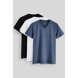 Standart Fit Basic V Yaka 3lü Paket Siyah-Beyaz-Petrol Erkek T-Shirt 87912 - Siyah - Beyaz - Mavi
