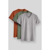 Standart Fit Basic V Yaka 3lü Paket Taş-Tarçın-Kaktüs Erkek T-Shirt - 87912