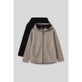 Standart Fit Kapüşonlu 2'li Paket Siyah-Koyu Bej Polar Kız Çocuk Sweatshirt - 75152
