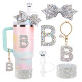 Stanley Kupası için Su Şişesi Aksesuar Seti 30 oz, Bling Mektup Tılsımları, Elmas Hasır Kapak, Glitter Silikon Çizme, Kişiselleştirilmiş Etiket, Stanley Kupası Aksesuarları için Bow Straw Topper (B)