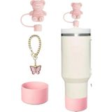 Stanley Stanle Gülümseyen Ayıcık 3 Lü Parça Quencher ile Uyumlu Kapaklı Pipet Başlığı Bardak Altlığı Pipet - 1,18 lt - Açık Pembe