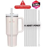 Stanley Termosla Uyumlu Yedek Pipet, 6'lı Yeniden Kullanılabilir Pipet, Plastik, Şeffaf Fırça Hediyeli