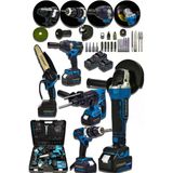 Stanrayf Alman H-Tech 5Li Set Kömürsüz Motor 3X Akü Taşlama Somun Sıkma Kırıcı Delici Matkap & Dal Budama Testere Makinesi