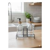 Stantlı Bambu Kapaklı İkili Cam Sıvı Sabunluk & Deterjanlık Seti – 2×500 ml, 22,5 × 8,5 × 24 cm
