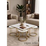 Star 4+1 Gold Beyaz MDF Salon Orta Sehpa ve Yuvarlak Zigon Sehpa Takımı