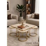Star 4+1 Gold Treverten MDF Salon Orta Sehpa ve Yuvarlak Zigon Sehpa Takımı