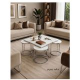 Star 4+1 Gümüş Beyaz MDF Salon Orta Sehpa ve Yuvarlak Zigon Sehpa Takımı