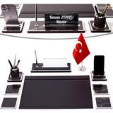 Star Bayraklı Mermer Desenli Ahşap Sümen Takımı Deri Sümen Seti Masa İsimliği - Gümüş