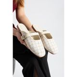 star shoes Beyaz Tüvit Kumaş Kadın Terlik Şık Tokalı Yumuşak Taban Günlük Terlik