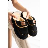 star shoes Kadın Siyah Ev Terliği Ses Yapmaz Kalın Taban Kışlık Terlik