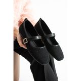 star shoes Siyah Tüvit Kumaş Kadın Babet Şık Tokalı Ortopedik Taban Günlük Ayakkabı