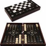 Star Tavla Büyük Boy Antik Mine Desenli Tavla-36 MM akrilik krem/siyah pullar-9 MM plastik zarlar-MDF Kasa-2 Kat Vernik Cilalı-Çizilmeye Karşı Komple Coex Kaplama-Mıknatıslı Kapanma