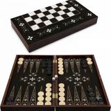 Star Tavla Büyük Boy Antik Mine Desenli Tavla-36 MM akrilik krem/siyah pullar-9 MM plastik zarlar-MDF Kasa-2 Kat Vernik Cilalı-Çizilmeye Karşı Komple Coex Kaplama-Mıknatıslı Kapanma