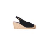 Star Tombis Gerçek Elişi Siyah Arkadan Bantlı Topuğu Açık Burnu Hasırlı Keten Espadril Dolgu Topuk Handmade