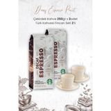Starbucks Decaf Espresso Roast Çekirdek Kahve 250 gr x 2 Adet ve Türk Kahvesi Fincan Seti 2'li - 250 ml
