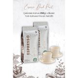Starbucks Espresso Dark Roast Çekirdek Kahve 250 gr x 2 Adet ve Türk Kahvesi Fincan Seti 2'li - 250 ml