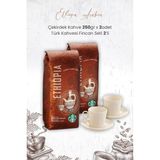 Starbucks Ethiopia Arabica Çekirdek Kahve 250 gr x 2 Adet ve Türk Kahvesi Fincan Seti 2'li - 250 ml