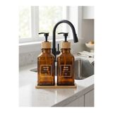 Stark Space İkili Amber Cam Sıvı Sabunluk Seti – HAND SOAP & DISH SOAP | 350ml Bambu Kapaklı | Mutfak & Banyo Organizasyon