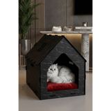 StarLightning Ahşap Büyük Kedi Yatağı Premium Kalite Siyah Mermer Renk Kedi Evi 50x35 Cm Merdivenli Model