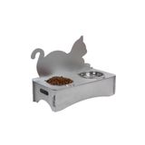 Starlightning Ahşap Kedi Mama Kabı Standı Gümüş Premium Boyalı Paslanmaz Çelik Kaseli Kedi Figür Arkalıklı Model