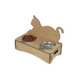 Starlightning Ahşap Kedi Mama Kabı Standı Ham Renksiz Paslanmaz Çelik Kaseli Kedi Figür Arkalıklı Model