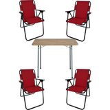 Starseven 60X80 Çam Desenli Katlanır Masa + 4 Adet Katlanır Sandalye Kamp Seti Bahçe Takımı Kırmızı