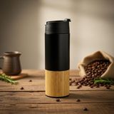 Starseven Deconox 450 ml Bambu Kaplamalı Çelik Termos - Sıcak Soğuk Tutucu Sızdırmaz Mat Siyah Kahve Termo