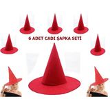 Starseven Kırmızı Renk Keçe Cadı Şapkası Yetişkin Çocuk Uyumlu 6 Adet
