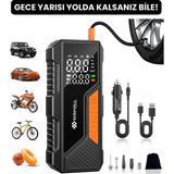 Stary 4500MAH Şarjlı Araç Kompresörü & Powerbank | Dijital Göstergeli 12V Uyumlu | Motosiklet, Bisiklet - Gri - Siyah
