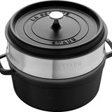 Staub Cocotte / kızartma tavası, yuvarlak, buhar eklentili (26 cm, 5.0 l, indüksiyonlu ocaklara uygun, tencerenin içinde mat siyah emaye kaplama), paslanmaz çelik, Siyah, 31 x 29 x 17.5 cm