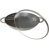 Staub Izgara Aparatlı Döküm Wok Tava Gri 37 cm Cam Kapaklı Ergonomik Sap ve Çelik İç Yüzey Kaplamasıyla