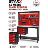 Staxx Power 1.5 Metre 3 Çekmeceli Takım Tezgahı + 5 Çekmeceli Mobil Alet Dolabı Seti | Galvaniz Tabla Işıklı