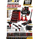 Staxx Power 185 Parça Profesyonel Atölye Seti | 6'lı Servis Paketi | Takım Arabası + Kompresör + Kriko + Mengene