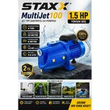 Staxx Yüksek Basınçlı Multi Jet 100 Metal Dişli Sistem Tam Bakır Sargılı 1.5 Hp Büyük Su Pompası 8Mt