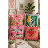 stellahomes Bohem Folk Art Desenli 4'lü Dekoratif Kırlent Kılıfı Seti Pembe Yeşil Salon Koltuk Yastığı(ÇİFT TARAFLI)