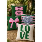 stellahomes Yeşil Pembe Dekoratif Yastık Kılıfı Seti 4'lü Modern Love Kurdele Çiçek Desenli(ÇİFT TARAFLI)