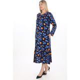 Stelleto Bebe Yakalı Fırfırlı Çiçek Desenli Kışlık Modal Elbise - 01.Lacivert - 4XL