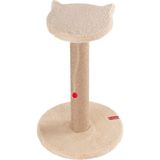 Stepli Kedi Yüzlü Platform Tırmalama Tahtası, Gri Peluş Kaplı, Sisal Ipli, Oyuncaklı (Krem)