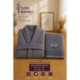 sternen glanz Bamboo Unisex Nakışlı İşlemeli Şal Yaka %100 Bambu Yetişkin Bornoz - Saç Havlu Set / Çeyiz Seti