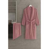 Sternen Glanz New Neva Pamuklu Nakışlı Işlemeli Şal Yaka Bornoz Saç Havlusu Set - L - XL - Mürdüm